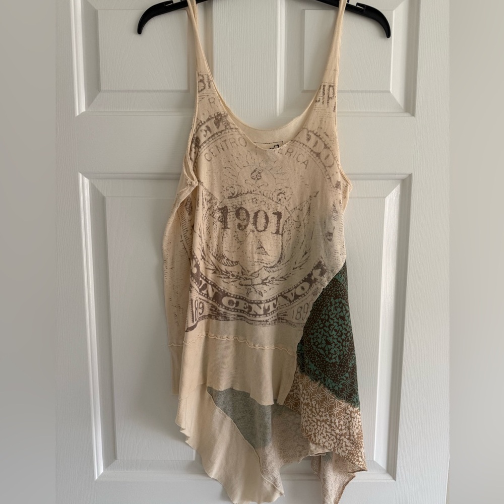 Free People: Boho Asymmetrical Cream and Green Tank Top in M